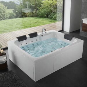 Spacious design of a two person whirlpool bathtub, perfect for relaxing together.