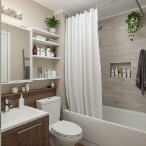 Clever organization ideas for a tiny bathroom featuring a tiny home bathtub and limited space.