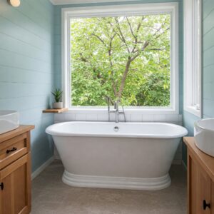 Bright tiny bathroom with a tiny home bathtub situated under a window offering natural light.