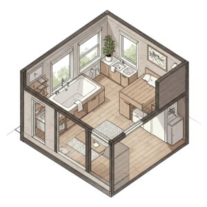 Tiny house floor plan showcasing the placement of a tiny home bathtub in a compact design.
