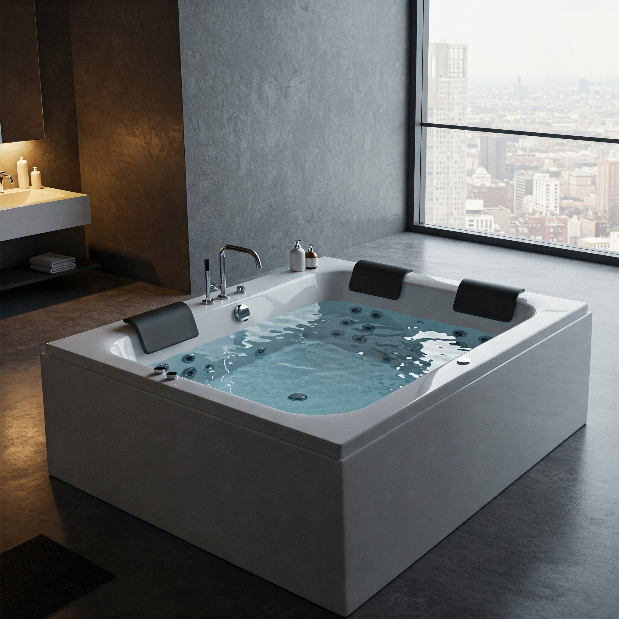 Luxurious two person whirlpool bathtub in a modern bathroom setting.