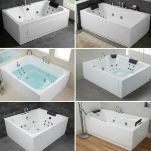 Different types of two person whirlpool bathtubs available, including corner and rectangular designs.