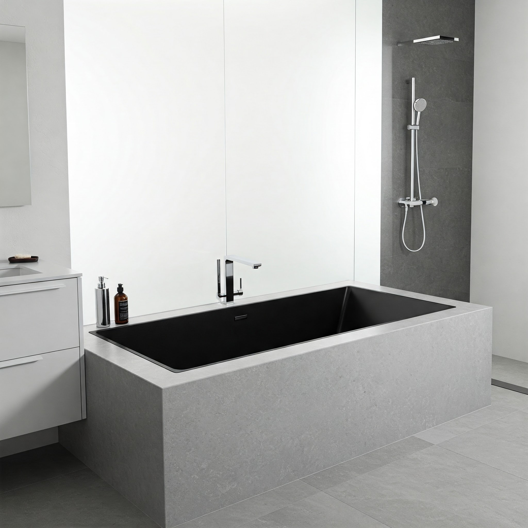 Modern bathroom featuring a sleek undermount bathtub seamlessly integrated into a light gray countertop.