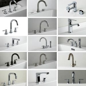 Different faucet styles and placements for an undermount bathtub.