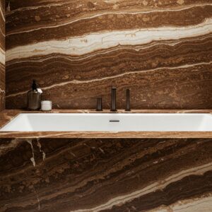 Elegant undermount bathtub set within a natural stone countertop.