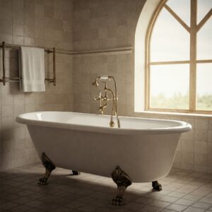 Classic slipper bathtub with traditional faucet and shower head.
