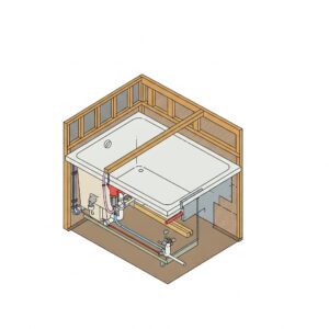 Diagram illustrating the installation process of a bathtub with door, highlighting key plumbing and structural elements.