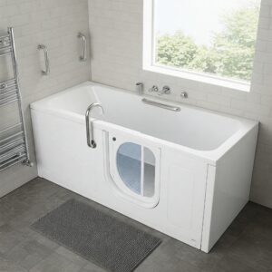 Illustration showcasing the safety features of a walk-in bathtub with door, including grab bars and non-slip flooring.