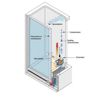 Technical illustration demonstrating the watertight sealing mechanism of a bathtub with door to prevent leaks.
