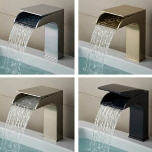 "Variety of waterfall bathtub faucet finishes including chrome, brushed nickel, and matte black."