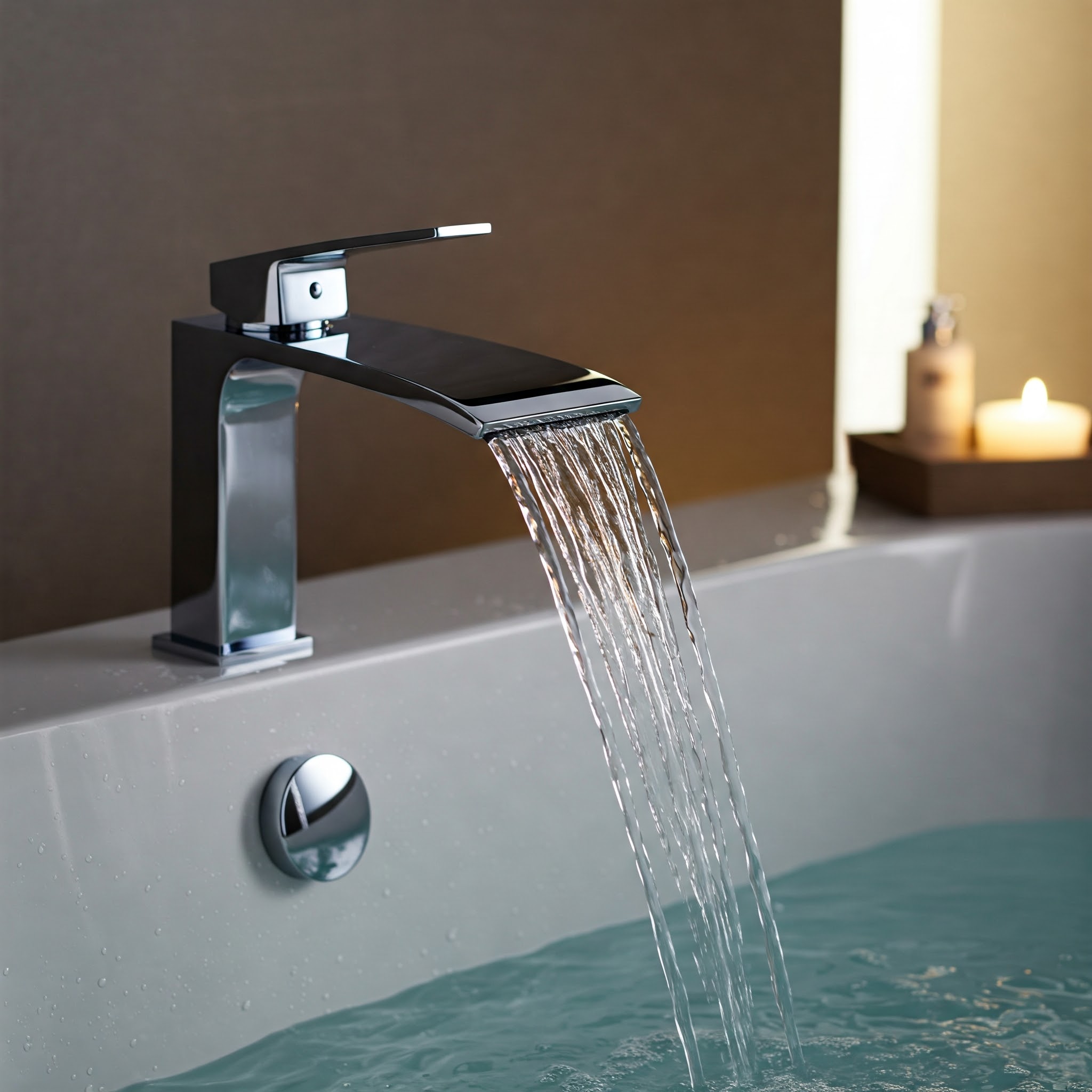 "Sleek waterfall bathtub faucet filling a modern bathtub, creating a spa-like bathroom experience."