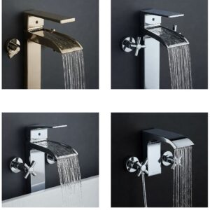 "Different handle styles available for a modern waterfall bathtub faucet design."