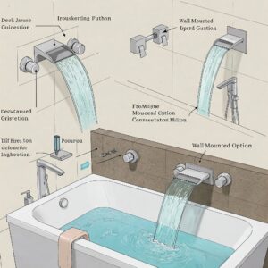 "Various mounting options for a waterfall bathtub faucet: deck mount and wall mount."