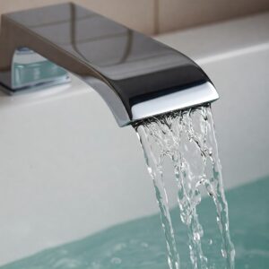 "Detailed view of a waterfall bathtub faucet spout with water cascading beautifully."