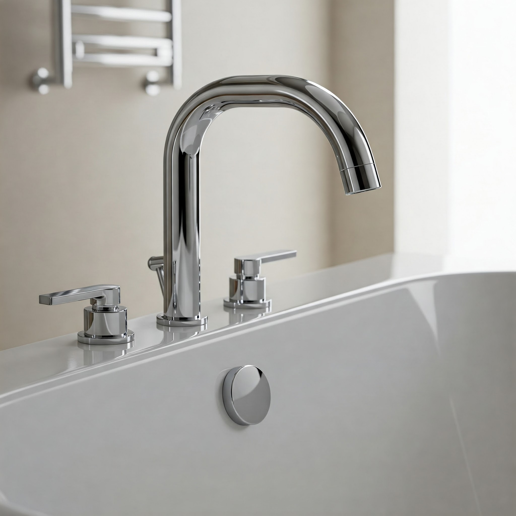 "Sleek chrome whirlpool bathtub faucets adding a modern touch to a spa-like bathroom."