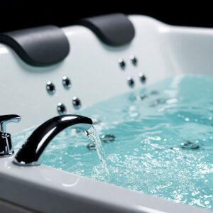 Close-up view of the powerful hydrotherapy jets on a two person whirlpool bathtub.