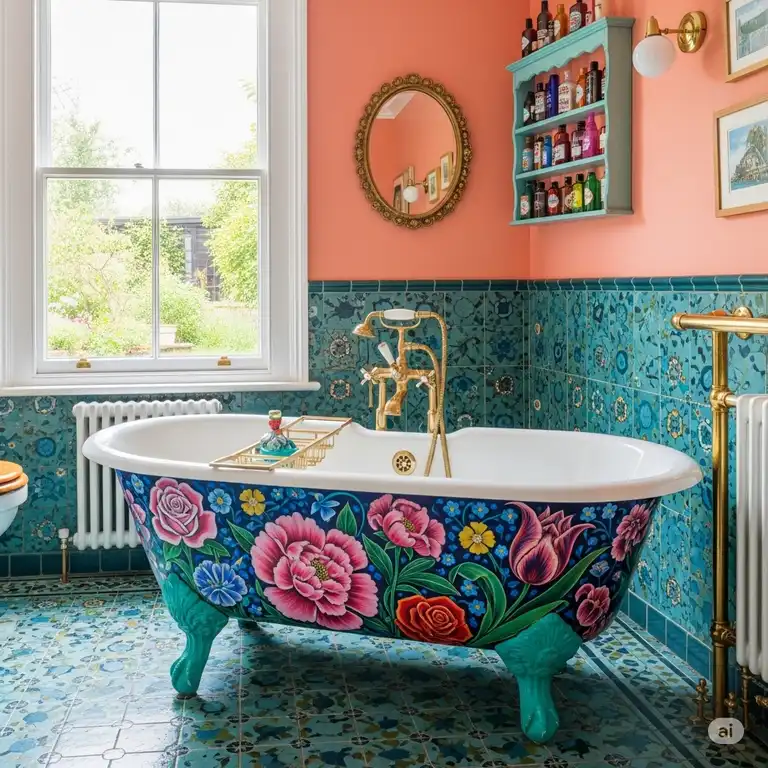 A vibrant clawfoot bathtub, painted with intricate floral designs, placed in a bright, eclectic bathroom, showcasing unique bathtub art inspiration.