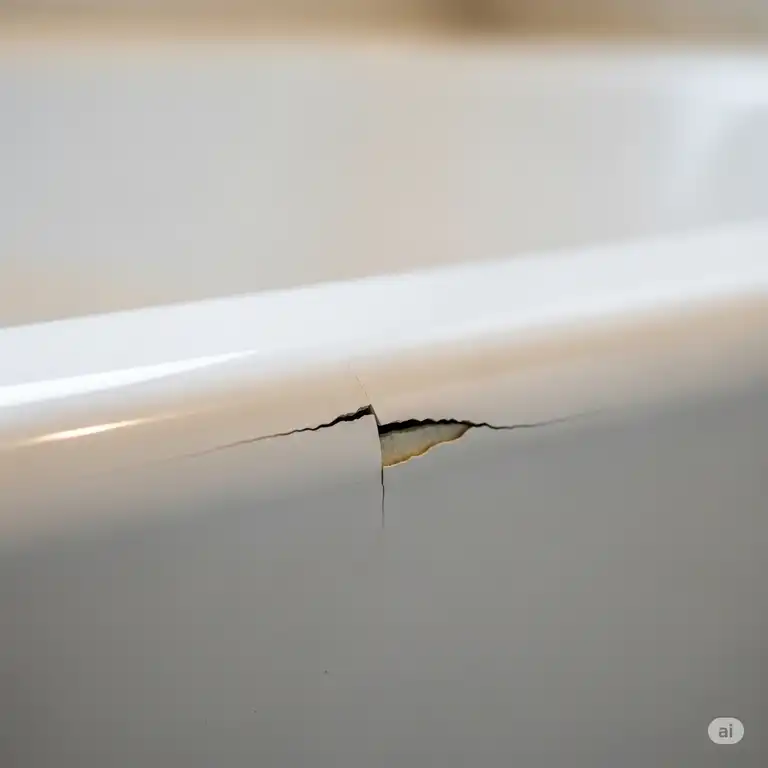 Close-up of a small crack in bathtub, showing the need for repair.