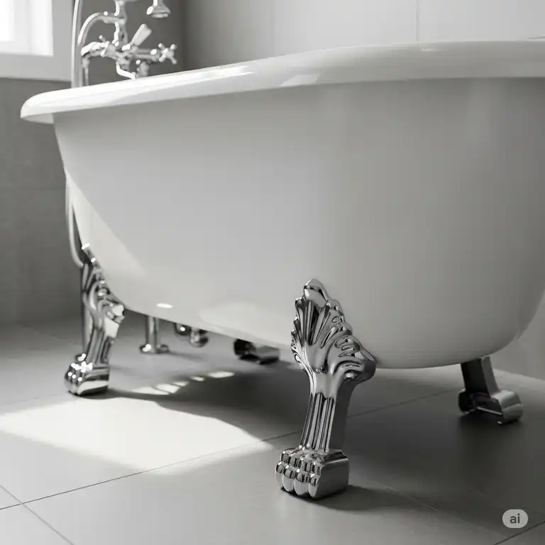 Close-up of stylish bathtub feet supporting a classic clawfoot tub in a renovated bathroom.