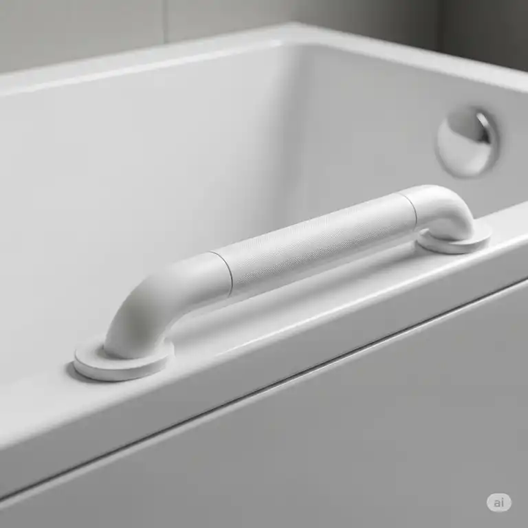 Close-up of a white, ergonomic bathtub safety rail securely installed on the side of a modern bathtub, providing stability and support for safe entry and exit.
