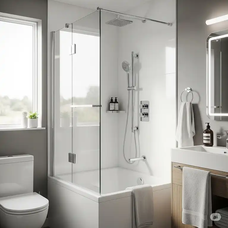"Modern bathroom featuring a newly installed bathtub shower conversion kit, showcasing a sleek design and efficient use of space."