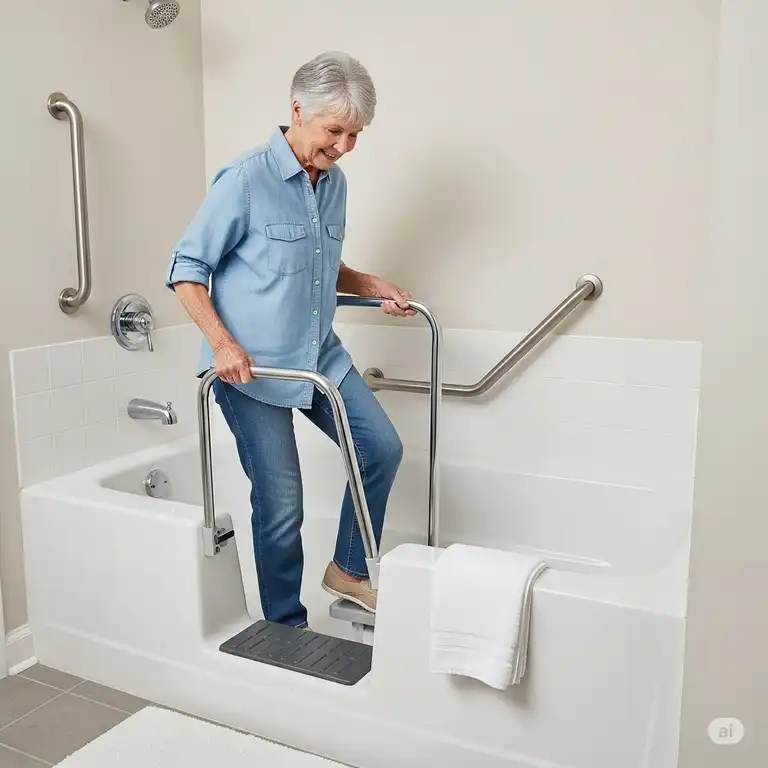 Senior woman safely entering a bathtub using sturdy, non-slip bathtub steps with a grab bar.