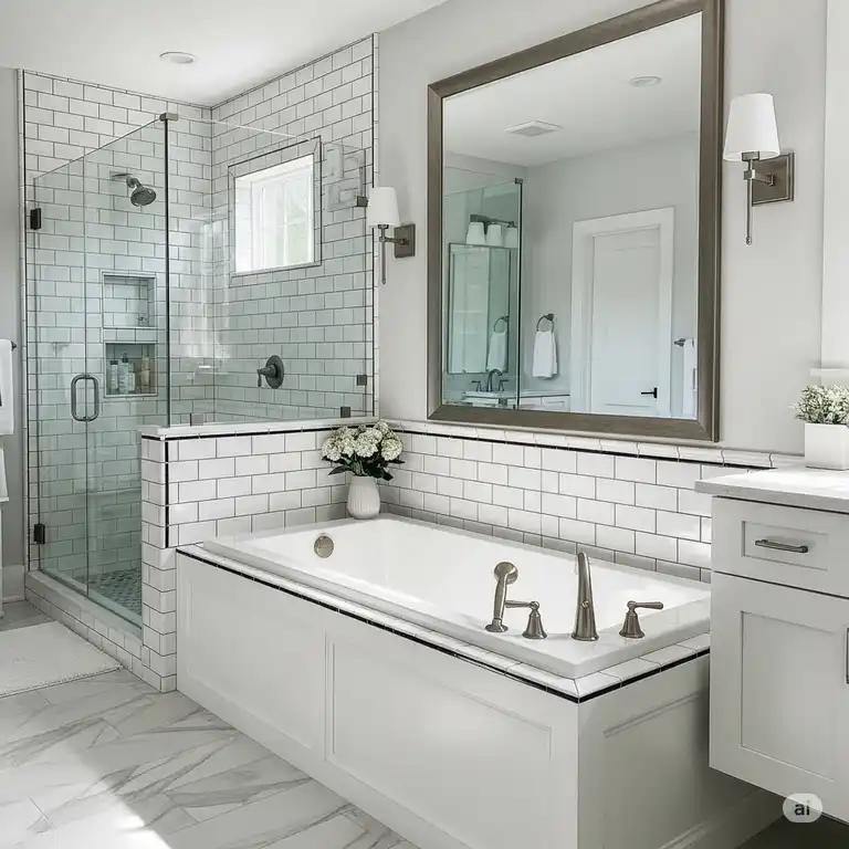 Modern bathroom featuring a stunning white subway tile bathtub surround with dark grout, showcasing elegant bathtub tile surround ideas.