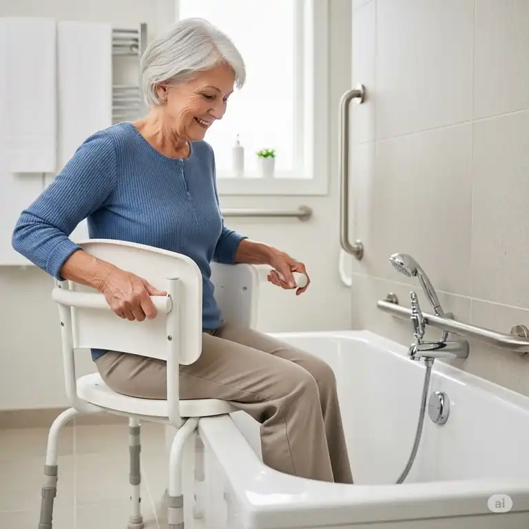 Senior woman safely transferring into a bathtub using a white bathtub transfer chair with grab bars.
