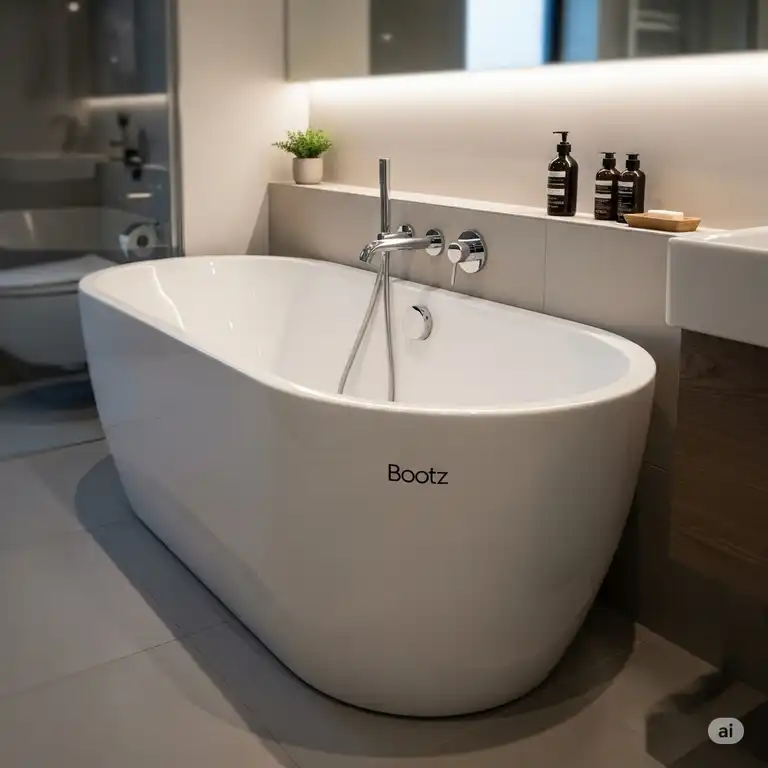 Newly installed white Bootz bathtub in a modern bathroom, showcasing its sleek design and durable enamel finish.