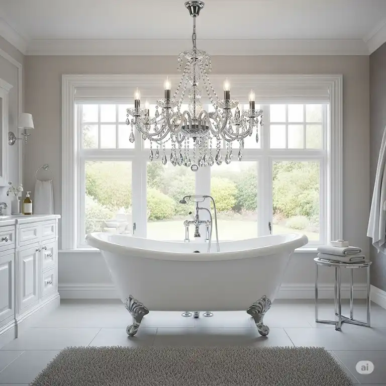 A stunning crystal chandelier over bathtub in a luxurious, spa-like bathroom, creating a focal point for relaxation and sophistication.