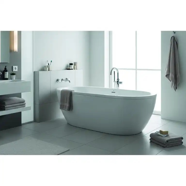 "Elegant duravit bathtubs freestanding with a minimalist design in a modern, spacious bathroom, highlighting a luxurious bathing experience."