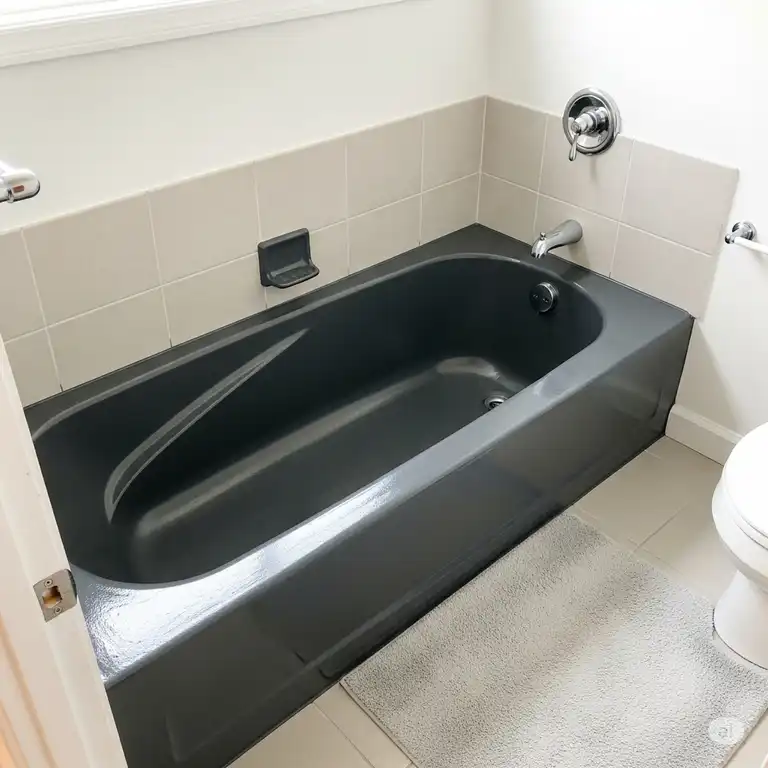 Finished bathtub with a smooth, glossy surface after applying durable epoxy paint for bathtub, showcasing a cost-effective bathroom renovation.