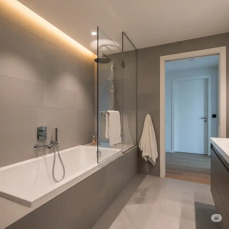 Modern bathroom with sleek frameless bathtub door, showcasing a spacious shower area and contemporary design. frameless bathtub doors
