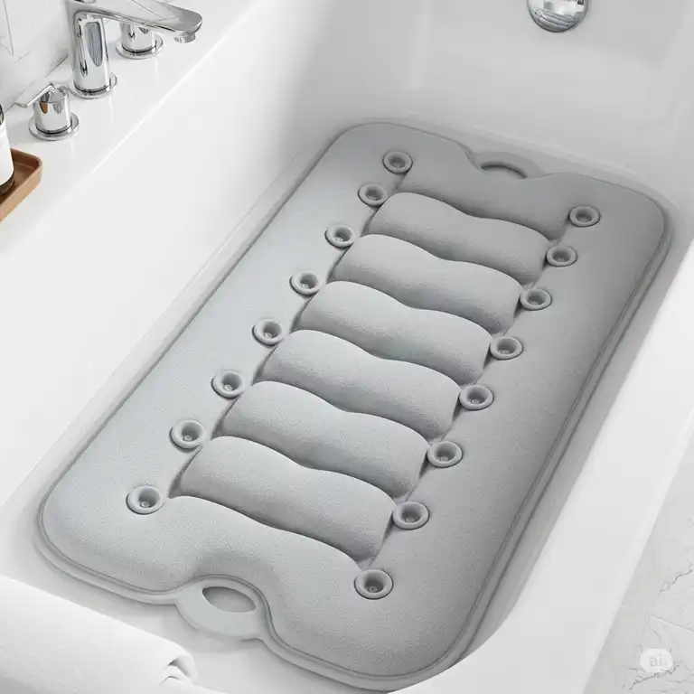"Luxurious cushioned bathtub mat with suction cups for a secure, comfortable bathing experience"