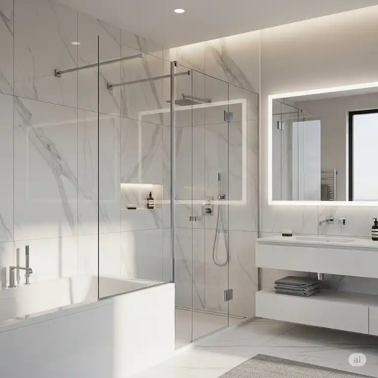 Modern bathroom featuring a clear glass shower door separating a sleek bathtub and shower area.