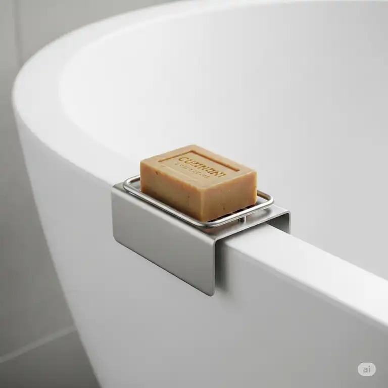 A sleek, modern bathtub soap holder made of brushed stainless steel, securely mounted on the rim of a white freestanding bathtub, holding a natural bar of artisanal soap.