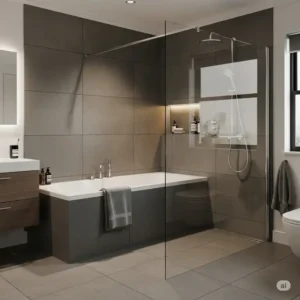 Modern bathroom with a sleek, freestanding bathtub inside walk in shower enclosure, featuring large format tiles and a glass partition.