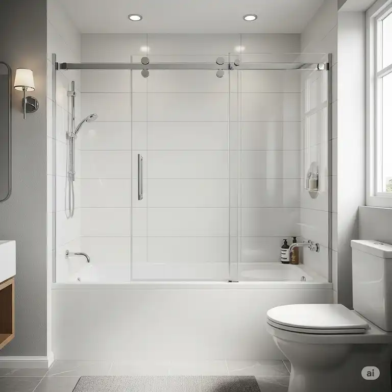 Modern bathroom featuring sleek, clear glass sliding bathtub doors that save space and enhance contemporary design.