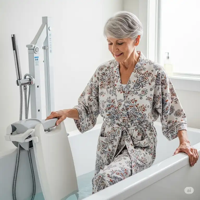 Senior woman easily entering a bathtub with the assistance of a white, ergonomic bathtub lift, highlighting safe and accessible bathing for seniors.