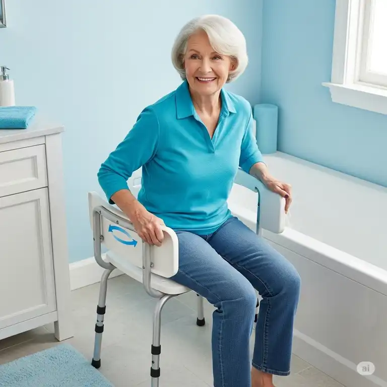 Senior woman safely using a sliding transfer bench for bathtub, highlighting ease of use and fall prevention.