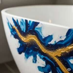 Close-up of an abstract painting on the side of a modern white bathtub, featuring bold brushstrokes and a palette of blue and gold, highlighting creative bathtub art.