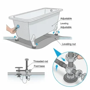 Diagram showing adjustable bathtub feet being installed, highlighting their leveling capabilities.