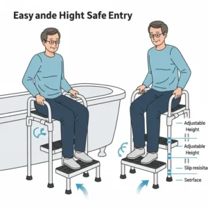 Illustration of adjustable-height bathtub steps for easy and safe entry.