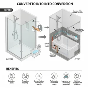 A visual diagram illustrating the 'before and after' stages of how to convert shower to bathtub, highlighting key changes and benefits of the conversion process.