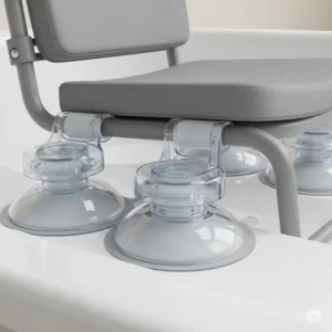Close-up of strong suction cups on a bathtub chair for seniors, providing secure grip and stability during bathing.