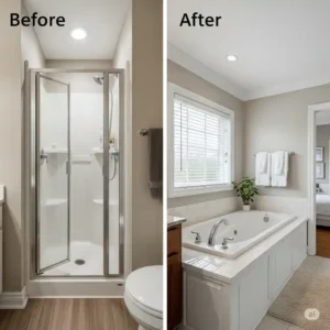 Before and after comparison of a bathroom, highlighting the dramatic transformation from a compact shower stall to a comfortable bathtub through a professional conversion.