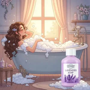 Illustration of a person enjoying a relaxing bubble bath, surrounded by lush foam created with high-quality bathtub soap.