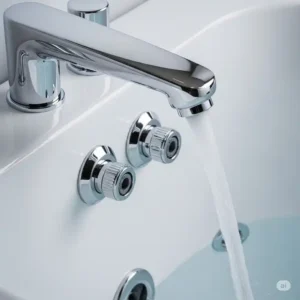 Close-up view of a high-performance bathtub jet, showcasing its adjustable nozzle and water flow.