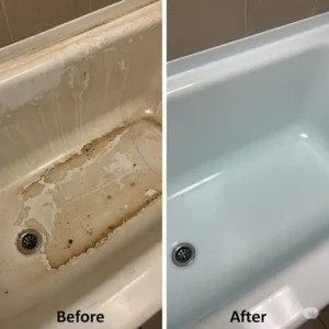 Visual comparison showing a worn bathtub before and its stunning transformation after an epoxy bathtub coating application.