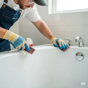 Cleaning and sanding a bathtub surface as part of the essential preparation for applying epoxy paint for bathtub, ensuring optimal adhesion.